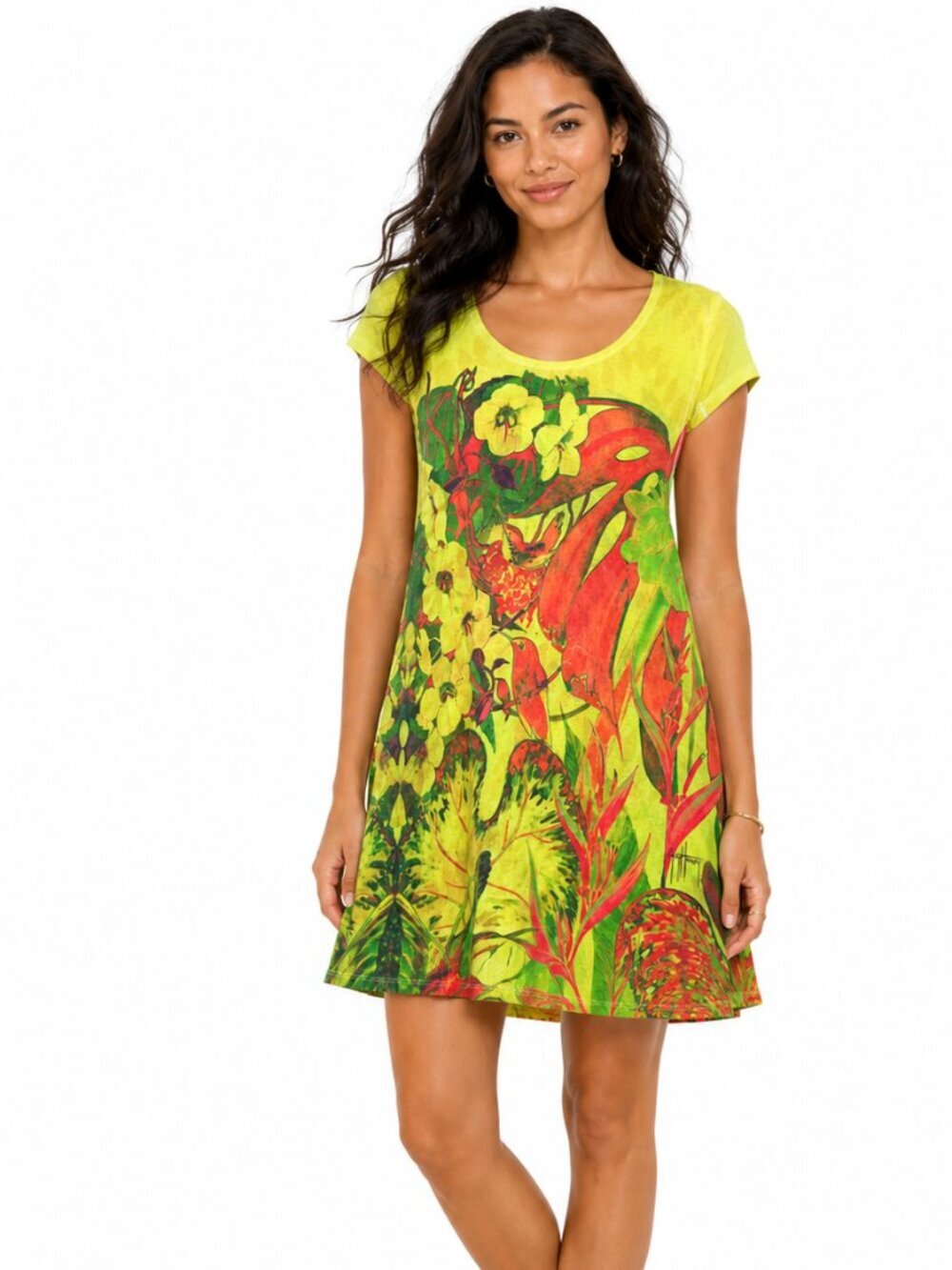 Guy Harvey Tropical Fish Print Dress Yellow Green Short Sleeve Medium